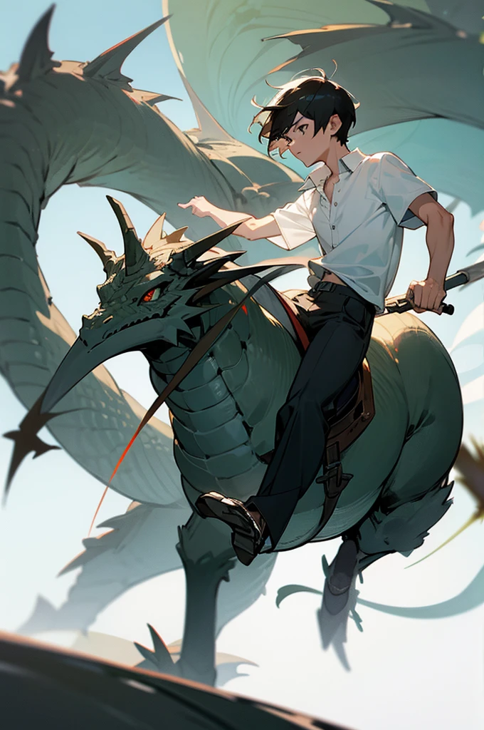 a man, short hair, wearing white t-shirt, wearing black shirt with open buttons, wearing pants, wearing shoes, riding a dragon, high details