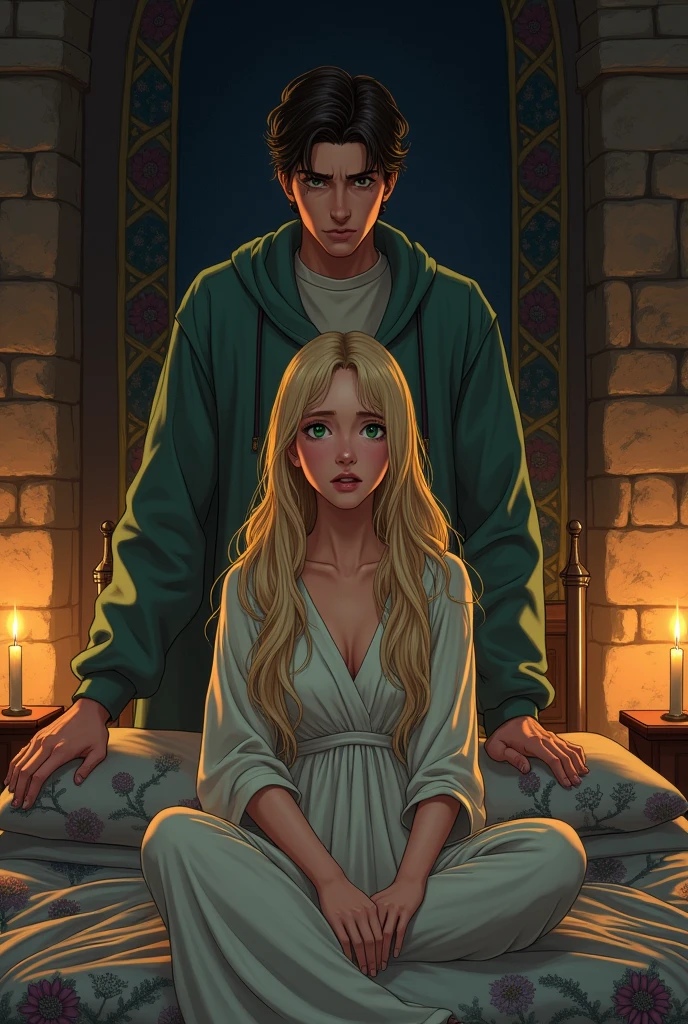 adult girl, green eyes, looking scared,
long blonde hair, linen dress, sitting in bed, Boy on top of her, guy in front of her, cornering her, looking at her with amusement, Romance Club game style, medieval times, Manhwa style