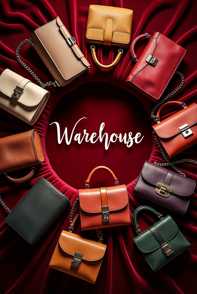 Create a realistic circle image full of luxury bags and weite "Warehouse" in the centre of image in a circular shape