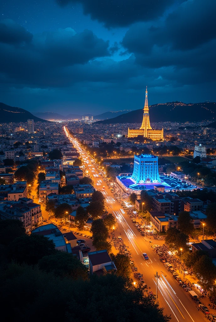 Addis Ababa city at night which is glow light and decoration on top view.