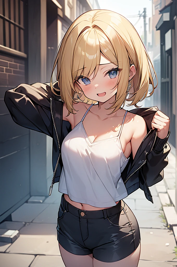 (Masterpiece, Top quality:1.5), nsfw, (dynamic angle:1.2), (1 beautiful girl, solo:1.2), dynamic pose, (Blonde hair:1.3), medium Hair, forehead:1.2, slicked back hair, wavy Hair, airy hair, large breasts:1.2, 16 year old, (camisole, midriff jacket, shorts:1.3), smile:1.3, blush:1.4, beautiful scene of narrow alley, magnificent panorama view, blurry background ,open mouth