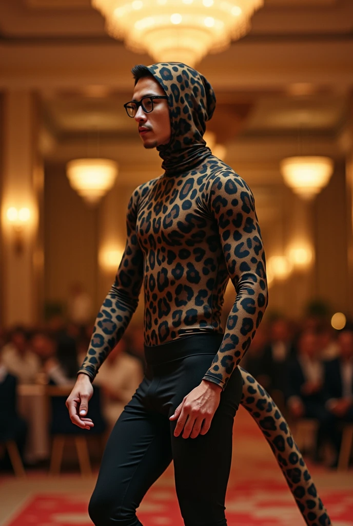 A most handsome and thin chinese contortion boy wearing a black glasses wears clouded leopard Lycra turtleneck unitard catsuit covered with large seamless spots.He has a long clouded leopard tail.He always wear clouded leopard Lycra dancewear hijab-like hood.He has handsome cheeks on her face.He is take part for contortion performance.He performs contortion at hotel.He is my famous contortionist.
