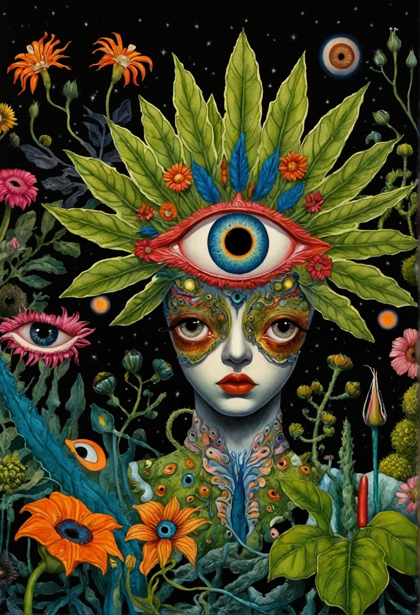 A painting,A flower with big eyes in the painting,Surrounded by plants, Psychedelic surrealist art, The holy grail of the eyes of the brain, Shaman horror LSD art, Psychedelic illustration, Pop surrealism, Surreal psychedelic design, Exotic plants and fauna, Exotic plants, Psychedelic Art, Highly detailed hyperrealistic art, strange plants, hallucinatory art, DMT art, Psychedelic Artwork