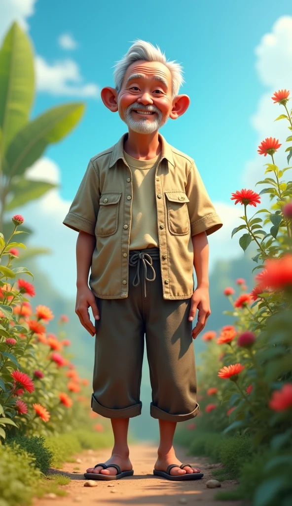 Uncle Tu is an elderly man, Lean with gray hair and tanned skin. He usually wears simple clothes like old shirts, Long pants and flip-flops. He has a gentle face, He often smiles and shows optimism through his actions. hình 3d