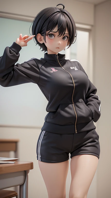 30-year-old woman、Adult women、Cool woman、Sharp eyes、Angry、Screaming、sharp、female teacher、physical education teacher、Black Hair,、boyish、Shortcuts、Short cut、Jersey、Tracksuits、Clothing patterns、Clothing Design、The front is open、whole body、
