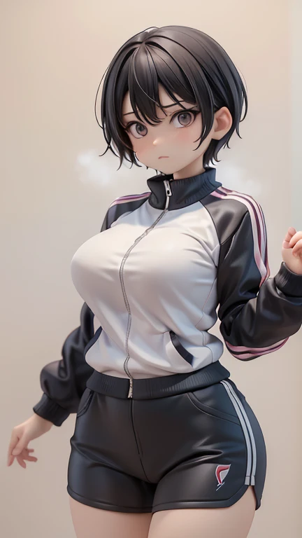 30-year-old woman、Adult women、Cool woman、Sharp eyes、Angry、Screaming、sharp、female teacher、physical education teacher、Black Hair,、boyish、Shortcuts、Short cut、Jersey、Tracksuits、Clothing patterns、Clothing Design、The front is open、whole body、
