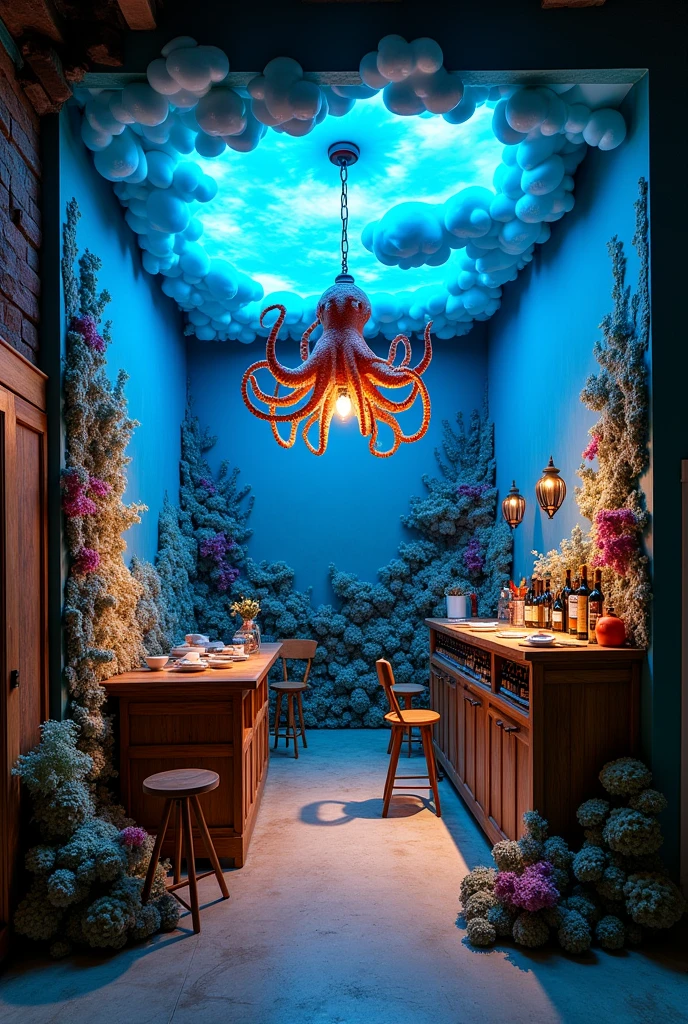 a cubicle of 3.10m wide x 2.50m long and 2.65m high, with reef-type decorated walls, on the ceiling an octopus giving it chandelier-style decoration and around it simulated celestial clouds with blue lights, on both sides of the front part some old-style coffee columns with pirate decoration, a bar with an old cafe style too, in the background on the right side on a table a wine rack where the wine will go, and on the left side a kitchen
