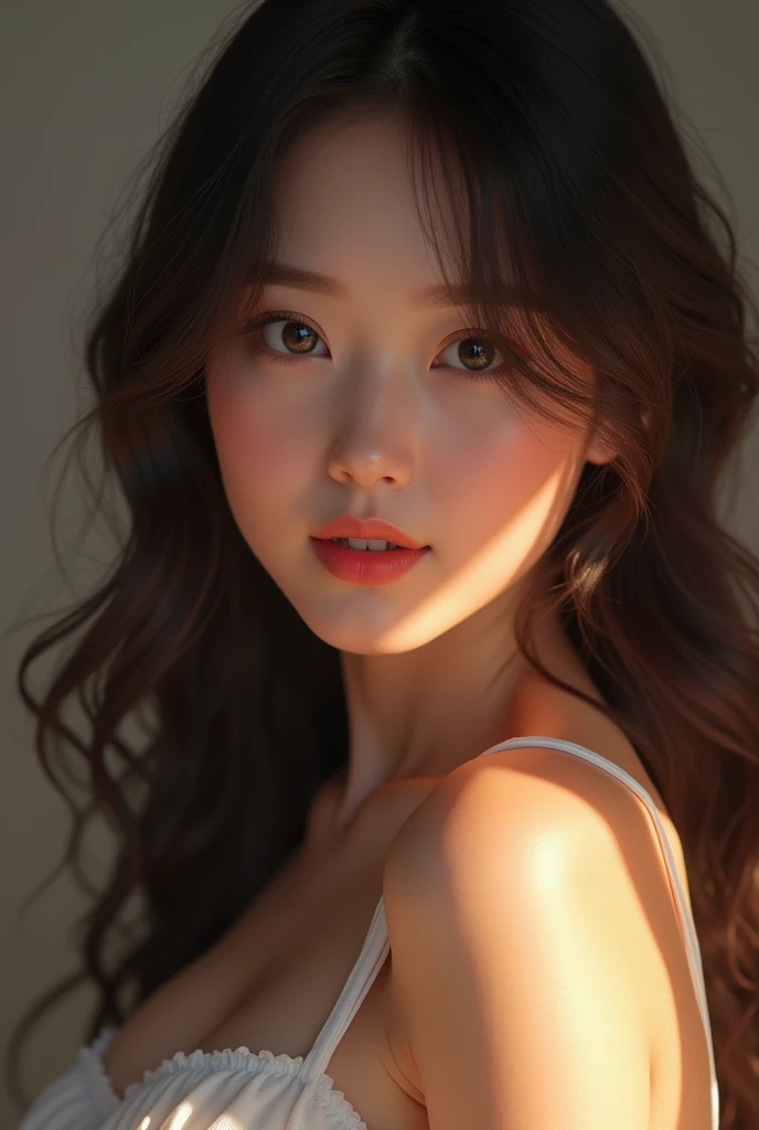 (High resolution、uhd、realism、ultra-complex detailed photorealistic photos)、extremely absurd ultra-high-quality details、(((Upper Body Shot:1.45))、(((Completely detailed real eyes、skin、hair)))、1girl、beautiful detailed facial features、Beautiful detailed eyes、Beautiful detailed lips、Highly detailed face、Long eyelashes、White underwear、Elegant pose、dramatic lighting、Vibrant color palette、The atmosphere of the movie、Age 25、smile