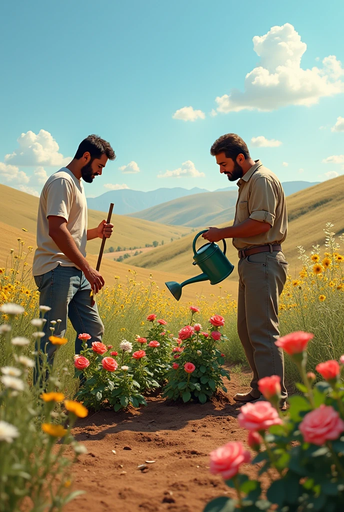 They purchased a small plot of land and prepared the field. Ali started taking care of the flowers and plants, while Saad took charge of watering and cleaning the field.