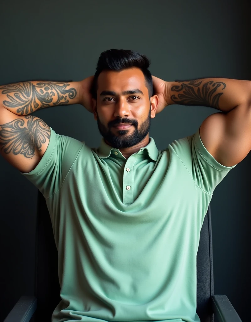 A confident Indian man with short black hair and a trimmed beard faces the camera directly, showcasing his muscular, bodybuilder-like physique. He sits with his arms raised behind his head, flexing his well-defined biceps and forearms, which are adorned with intricate tattoos. He is wearing a tight-fitting light green polo shirt that accentuates his strong, muscular upper body. His expression is calm and serious, with only a slight hint of a smile, giving off a composed and powerful presence. The image is highly detailed and polished, emphasizing his fitness dedication while maintaining the vibe of a content creator or Twitch streamer.
