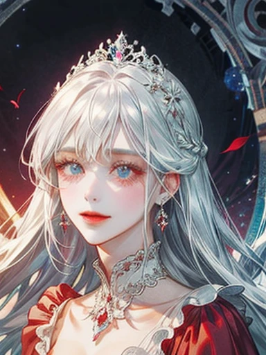 Princess in red dress、white hair、light blue、palace、pretty girl、beautiful、shine、droopy eyeole、more、transparency、detailed face、(High quality)、long hair、smile、in villainess