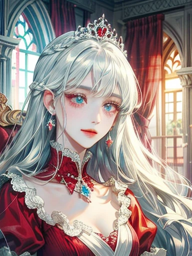 Princess in red dress、white hair、light blue、palace、pretty girl、beautiful、shine、droopy eyeole、more、transparency、detailed face、(High quality)、long hair、smile、in villainess