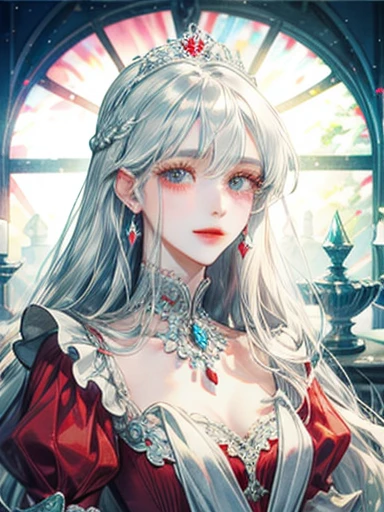 Princess in red dress、white hair、light blue、palace、pretty girl、beautiful、shine、droopy eyeole、more、transparency、detailed face、(High quality)、long hair、smile、in villainess