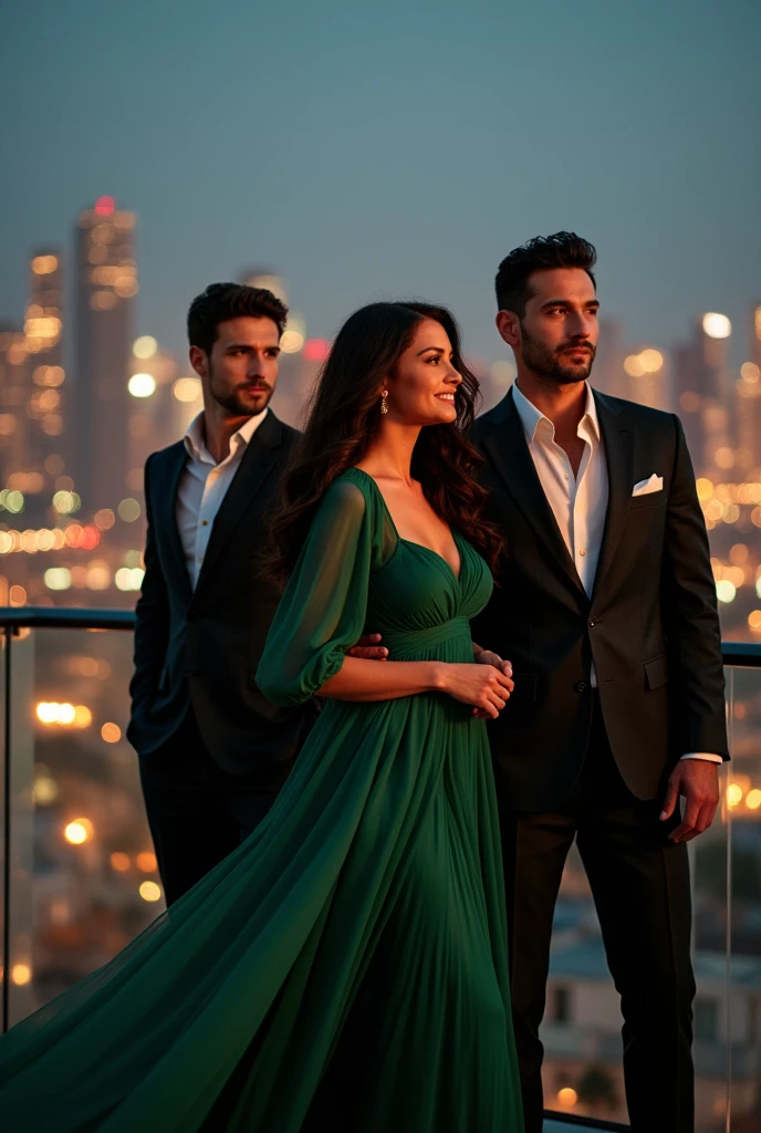 An handsome billionaire man with a beautiful green dressed lady and a younger man by the side staring.