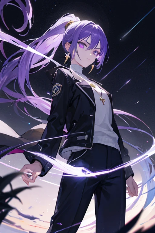High neck shirt, loose full sleeves jacket, amethyst crystal locket,pants,long boots, dark blue hair, bangs, crossed bangs, hair between eyes, long hair, ponytail, very long hair, wavy hair, high ponytail, star-shaped pupils, eye reflection, glowing eyes, sparkling eyes, glaring, purple eyes, longeyelashes, amethyst earrings, serious, from side, from outside, atmospheric perspective, first-person view, pov, anime, anime, high detail, high detail, first-person view, pov, multiple views, cowboy shot, fisheye, from side, atmospheric perspective, sparkle, glowing light, reflection light, cinematic lighting, bloom, cinematic lighting, masterpiece, accurate, anatomically correct, super detail, high quality, award winning, best quality