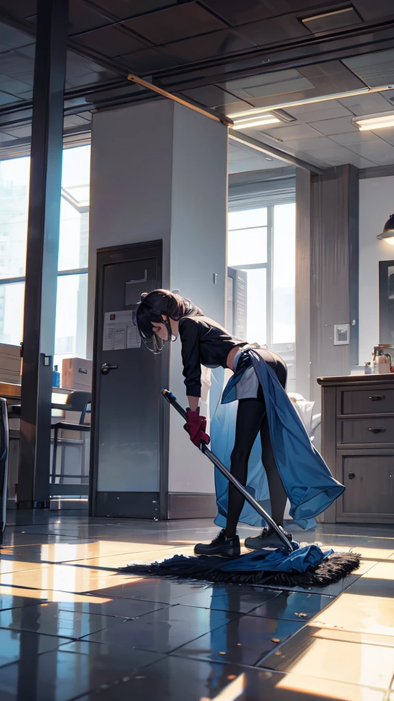 The worker is cleaning the floor.