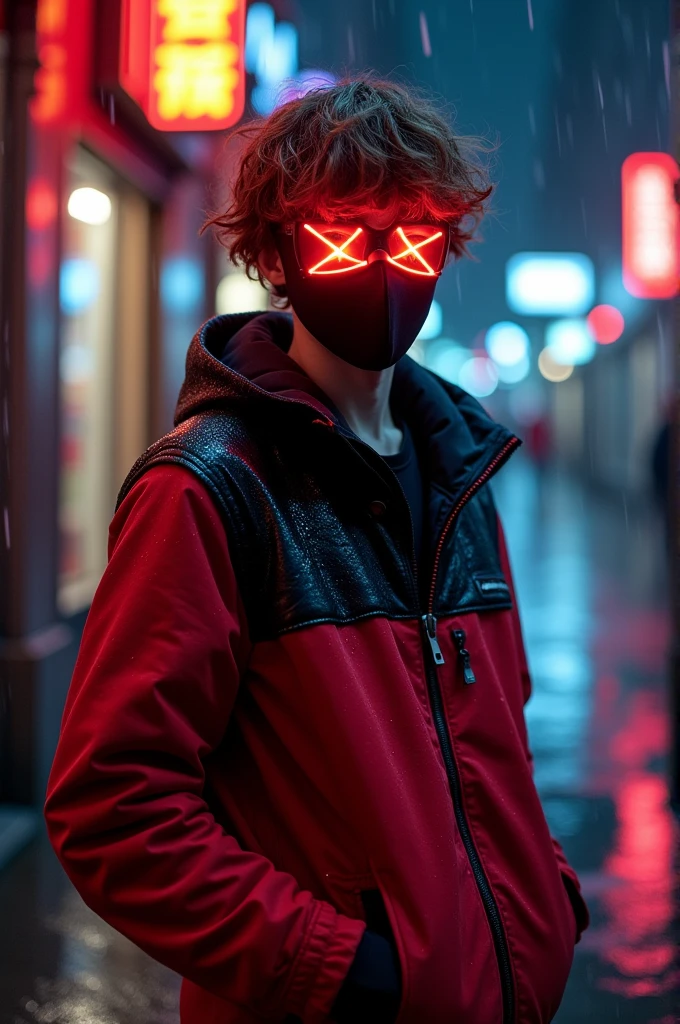 A teenager in the rainy night with a half red half black jacket and a white shirt with an LED red mask on his face with brown hair