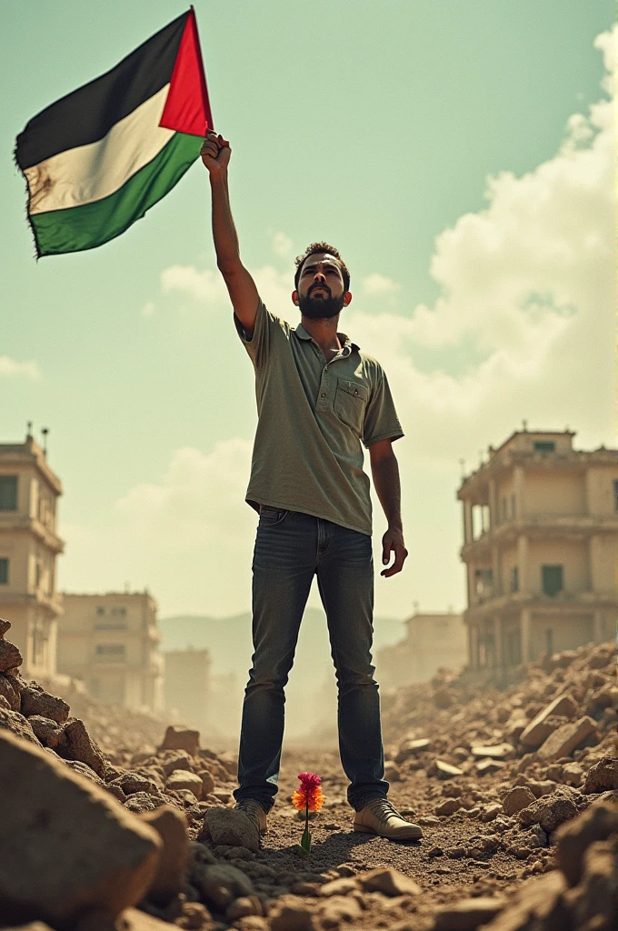 Homme de face. Champs de ruine en arrière plan. Style après bombardement. L’homme écrase la seule fleur dans ce champs de ruine. L’homme a le point en l’air.Un drapeau palestinien dans l’autre main