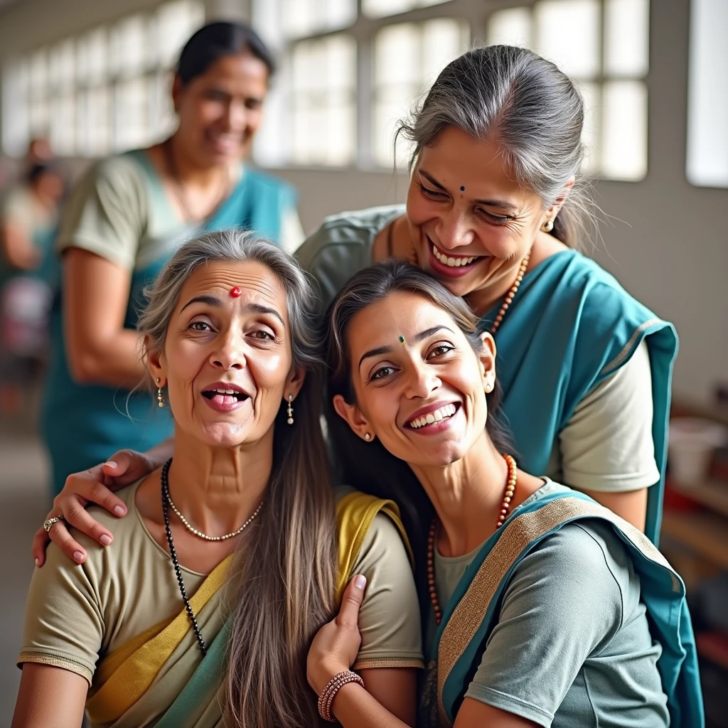 A modern,well-lit school in india,two 60 years old eldey indian ladies in school uniforms,one lady on top of the lap,kissing while keeping tongue out,rapunzel,drenched with 10 liters hair oil in to hair,slicked combed,cascade down,(show me tongue out),unnatural unreal wiered straight hairs,Hairs colors exactly as per the image prompt,hairs made up in salon exact looking like image prompt,hairs likehigh viscus water pulp,Those hairs got pulpted and makes extremely very thick hair lines,Their hairs got Shinning shinning and shinning like mirrors,Generate exact image prompt detailing seed,detsiles here and exact image prompt details,Generate extremely indian ladies,Generate hairs exaclty detsiling image prompt hair colors hray and black in respective ladies exact as per the image promot,Genrerate hair flow,Generste hairs soaked with water exactly as per the image prompt,Generate eldery ethnicity,Generate with indian aged eldery grannies