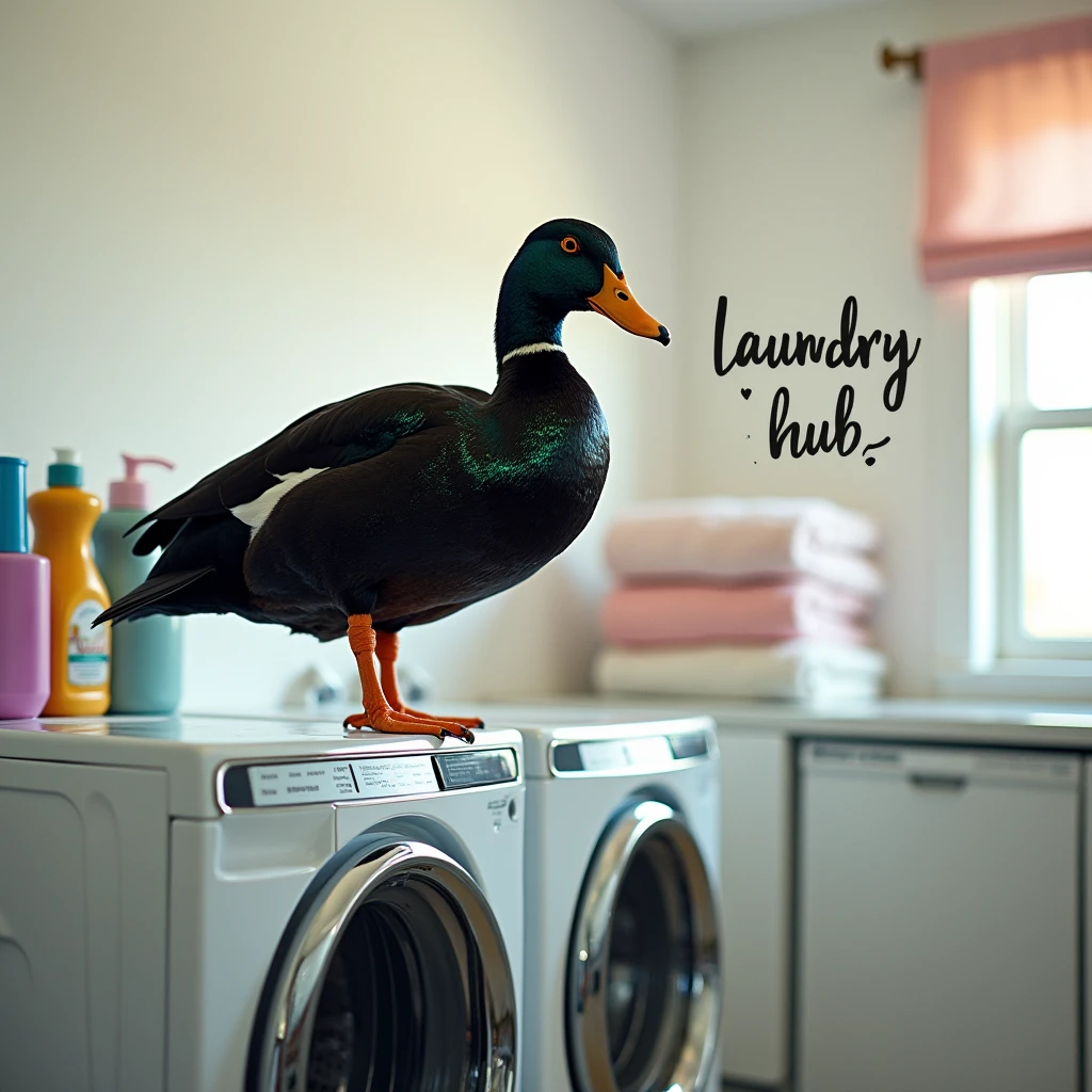 black duck sitting above the washing machine, put caption at the right of the picture with "Duckies Laundry Hub"