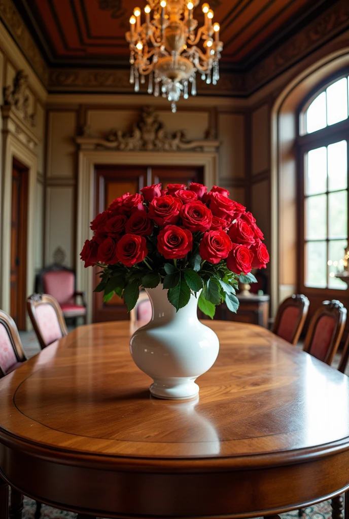 A beautiful Western-style mansion. Light pours in from the windows in the room. A large, impressive table. A white vase sits on the table. Inside the vase are 100 bright red roses.