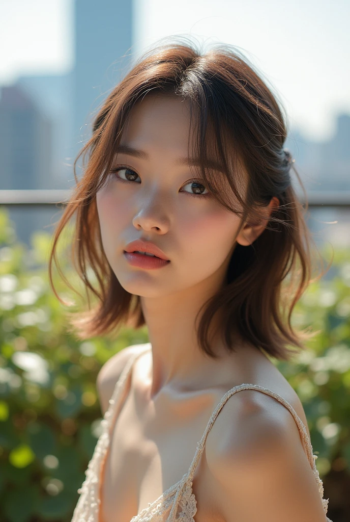 25-year-old Japanese woman, medium-length hair, beige hair color, large, black eyes, wide-open eyes, swept-back bangs, facing forward, gives an elegant impression, small face, slim faceline, outdoor rooftop in the background, natural bright light