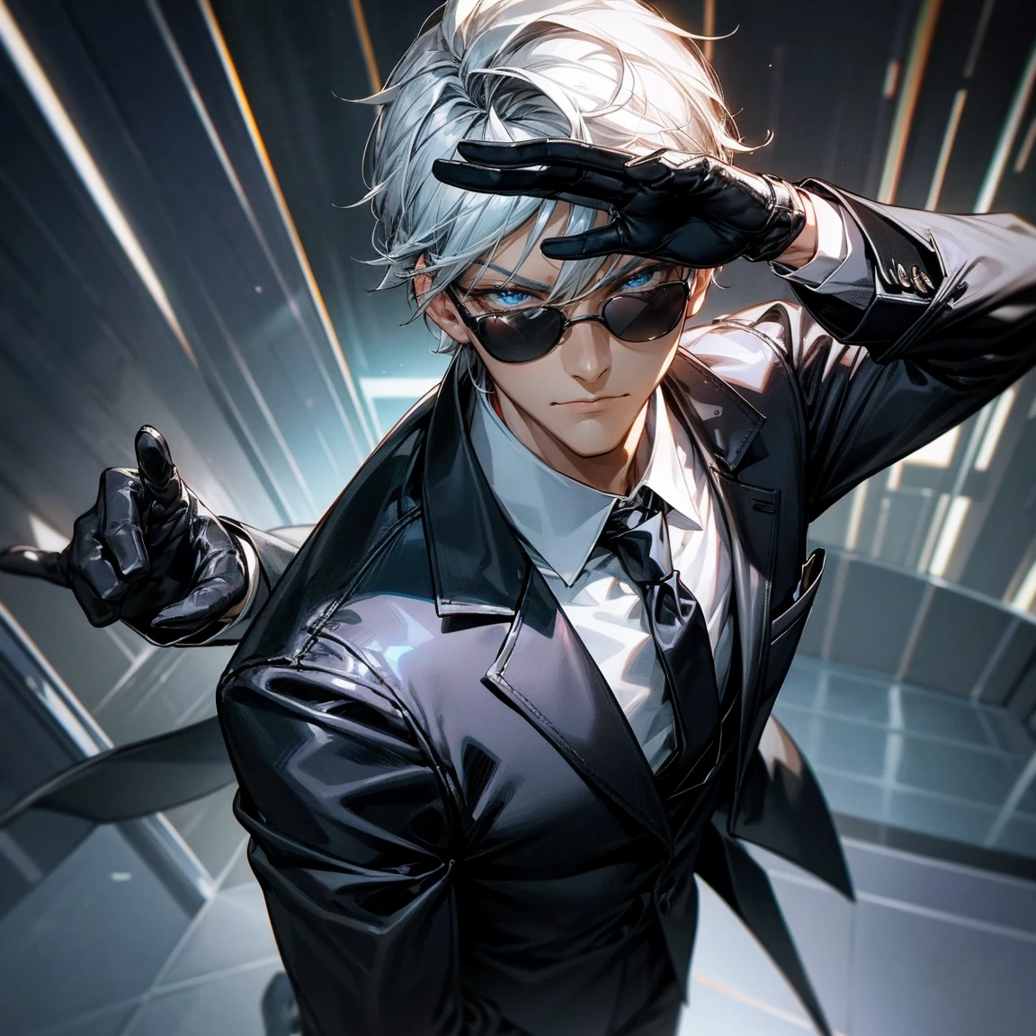 Please draw a picture(3D Animation),a portrait of a man,Black Sunglasses,Black suit,Black leather gloves,Blue tie,Handsome,Cool expression,Raise your hand,Cool gestures