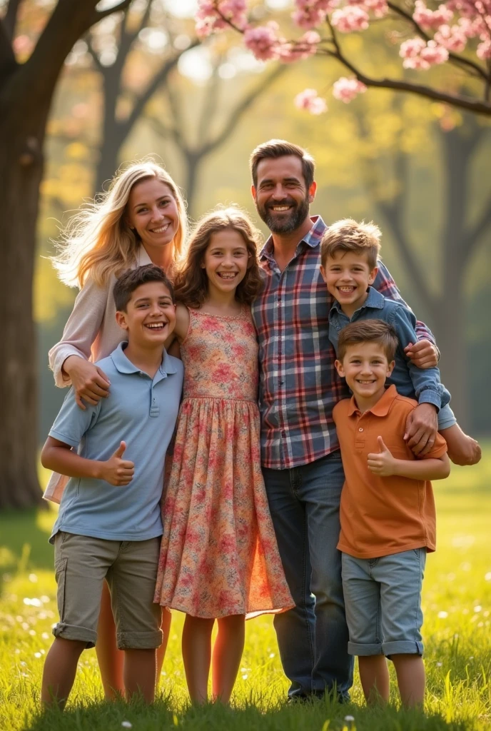 A family photo of seven people, the mother, father, and older sister with four younger brothers.