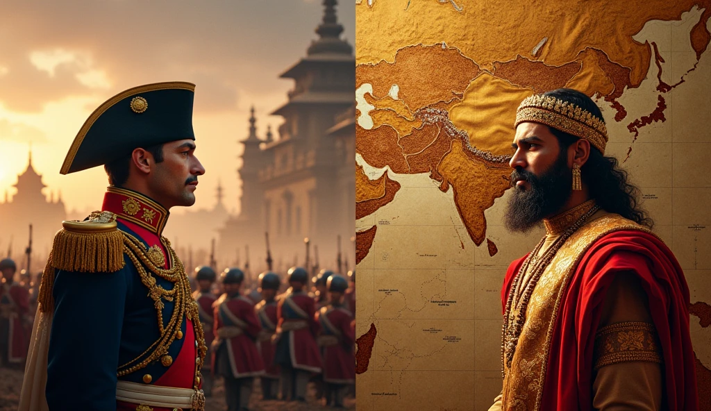 "A powerful split-screen image showing Napoleon Bonaparte on one side and Samudragupta indian king with indian crown on the other, both standing tall in regal attire. Behind Napoleon, a battlefield and the Napoleonic Code scroll, symbolizing his military genius and legal reforms. Behind Samudragupta, a map of the Gupta Empire and a temple, symbolizing his conquests and cultural contributions. The background gradually blending together, representing their lasting impact on history."