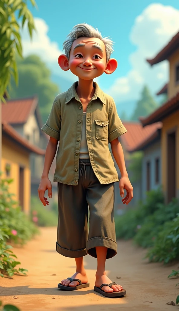 Uncle Tu is an elderly man, Lean with gray hair and tanned skin. He usually wears simple clothes like old shirts, Long pants and flip-flops. He has a gentle face, He often smiles and shows optimism through his actions. hình 3d