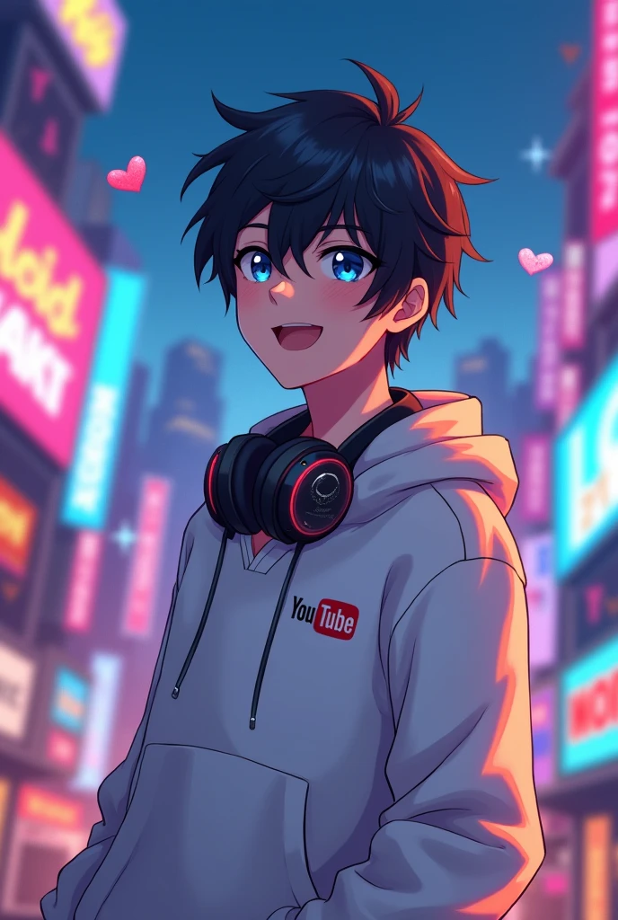 Black hair blue eyes guy of 18 year old wearing white hoodie, is a youtuber anime version