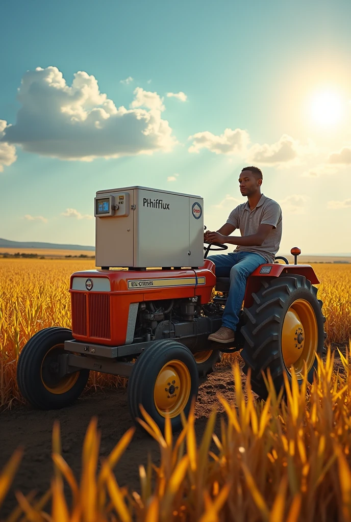 Rhiflux electro cube ( it must be labeled: Rhiflux electro cube)that recharges for one hour on the sun or grid power and lasts six months before recharge  in a African farmer setting  show the panels put it in a tractor with a black famer