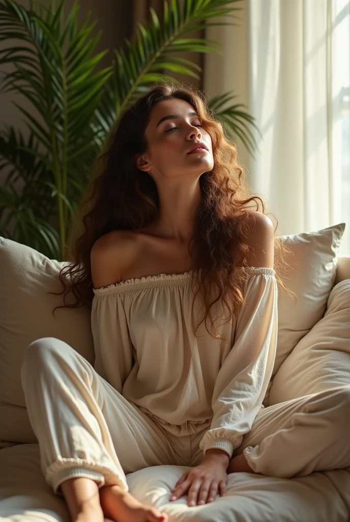 (photorealism:1.2), beautiful woman, sitting on bed, wearing loose off-shoulder top, pajama pants, long curly hair, indoors, soft lighting, plants in background, window with sunlight, cozy room, relaxed pose, realistic, intricate details, warm colors, by Greg Rutkowski, by Alphonse Mucha