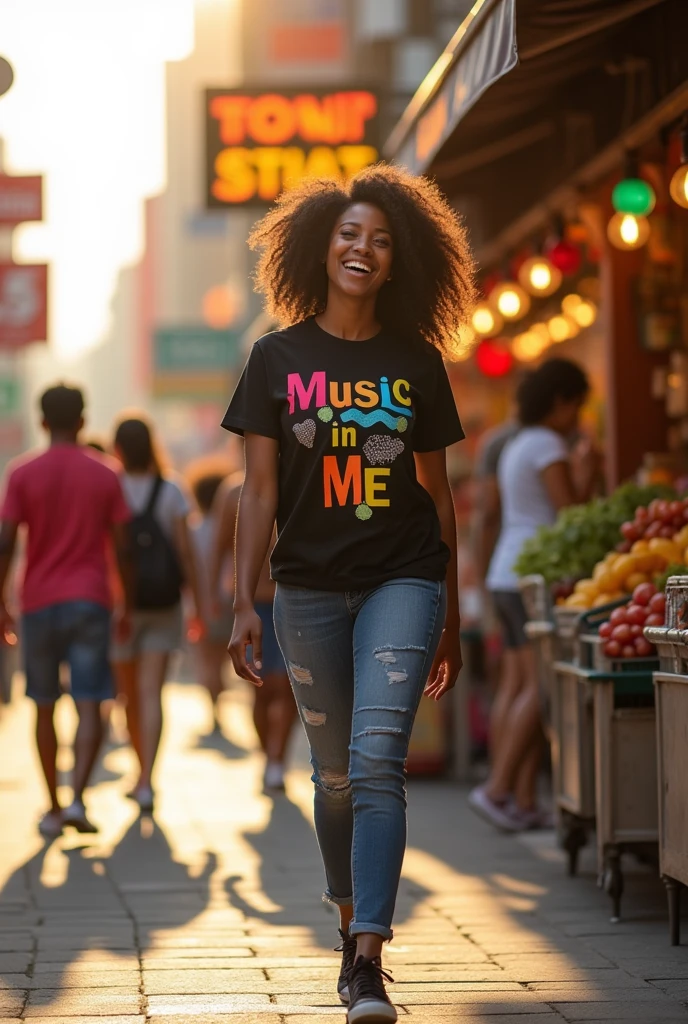 BLACK WOMAN WALKING ON IN THE LOCATION WEARING T SHIRT WRITTEN "MUSIC IN ME" ON A SUNNY DAY AROUND PEOPLE NEXT TO THE SUPERMARKET