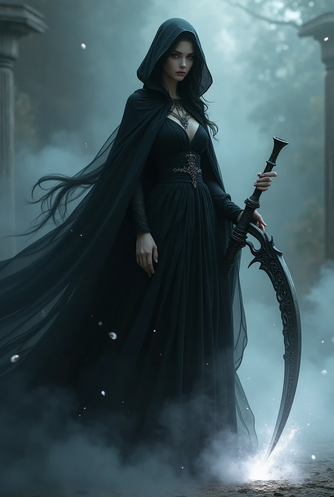 ((best quality)), ((masterpiece)), (detailed), perfect face, ((Best quality, 8k, Masterpiece: 1.3)), Sharp focus, Highly detailed face and skin texture, Detailed eyes, detailed fingers, Goddess, black dress, (holding scythe), Grim Reaper, (Black Cape), Goddess in the mist, Light rises from the feet, Show the whole body, anime style