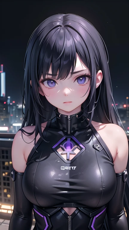 beautiful woman, Antihero with black and purple uniform., laser katana sword in hand, White skin, long black hair, portrait, Jeff Puentes, ((cartoon style)), Marvel Cinematic Universe style, (((cyberpunk city in the background))), Soft bokeh of futuristic city, Atey Ghailan, Jeremy Mann, Greg Manchess, Antonio Moro, trend in artstation, trend in CG society, Intricate, High detail,  sharp focus, Dramatic and photorealistic painting by Midjourney and Greg Rutkowski., background bokeh