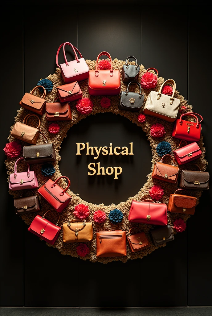 Create a realistic circle image full of luxury bags and weite "Physical shop " in the centre of image in a circular shape