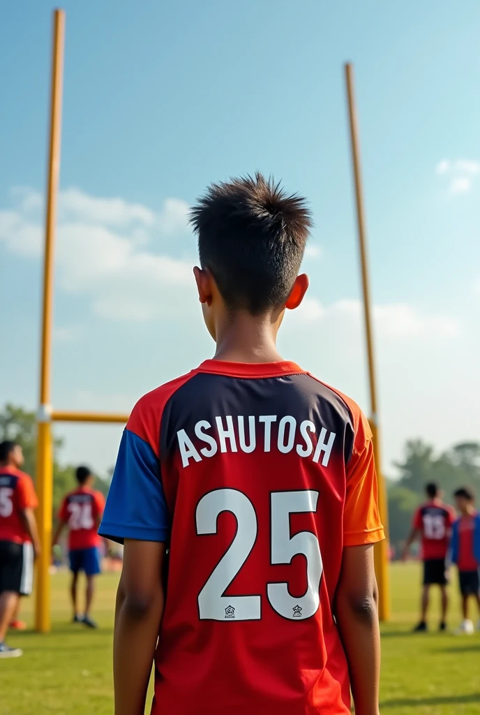 A teen age boys standing near his kho kho pole with back side and his name Ashutosh and jersey number 25 written on his jersey