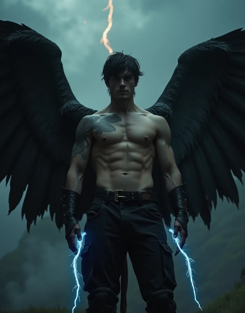 A dramatic, high-contrast photograph of a ruggedly handsome male warrior, standing majestic with imposing wings sprouting from his back, and dark, tousled hair falling across his forehead. His piercing gaze is underscored by sharp, angular facial features and a strong jawline. On the backs of his hands, two iridescent blue syphons shimmer in the dim light, as if channeling the darkness around him. He wears worn, black leather pants, adorned with intricate, swirling tattoos that seem to shift and writhe like living shadows. His muscular physique exudes an air of quiet confidence, as if he has mastered the art of commanding the very shadows themselves. The atmosphere is heavy with foreboding, the air thick with mist and the promise of impending storm. The overall mood is dark, mystical, and brooding, with deep, muted colors and subtle, golden undertones that evoke a sense of ancient, mythic power.