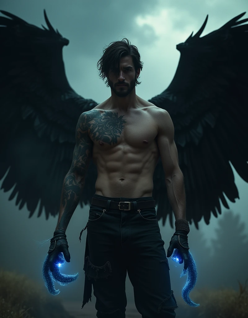 A dramatic, high-contrast photograph of a ruggedly handsome male warrior, standing majestic with imposing wings sprouting from his back, and dark, tousled hair falling across his forehead. His piercing gaze is underscored by sharp, angular facial features and a strong jawline. On the backs of his hands, two iridescent blue syphons shimmer in the dim light, as if channeling the darkness around him. He wears worn, black leather pants, adorned with intricate, swirling tattoos that seem to shift and writhe like living shadows. His muscular physique exudes an air of quiet confidence, as if he has mastered the art of commanding the very shadows themselves. The atmosphere is heavy with foreboding, the air thick with mist and the promise of impending storm. The overall mood is dark, mystical, and brooding, with deep, muted colors and subtle, golden undertones that evoke a sense of ancient, mythic power.