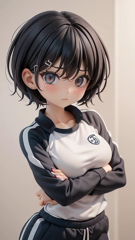 30-year-old woman、Adult women、Cool woman、Sharp eyes、Angry、Screaming、sharp、female teacher、physical education teacher、Black Hair,、boyish、Shortcuts、Short cut、Jersey、Tracksuits、Clothing patterns、Clothing Design、The front is open、whole body、