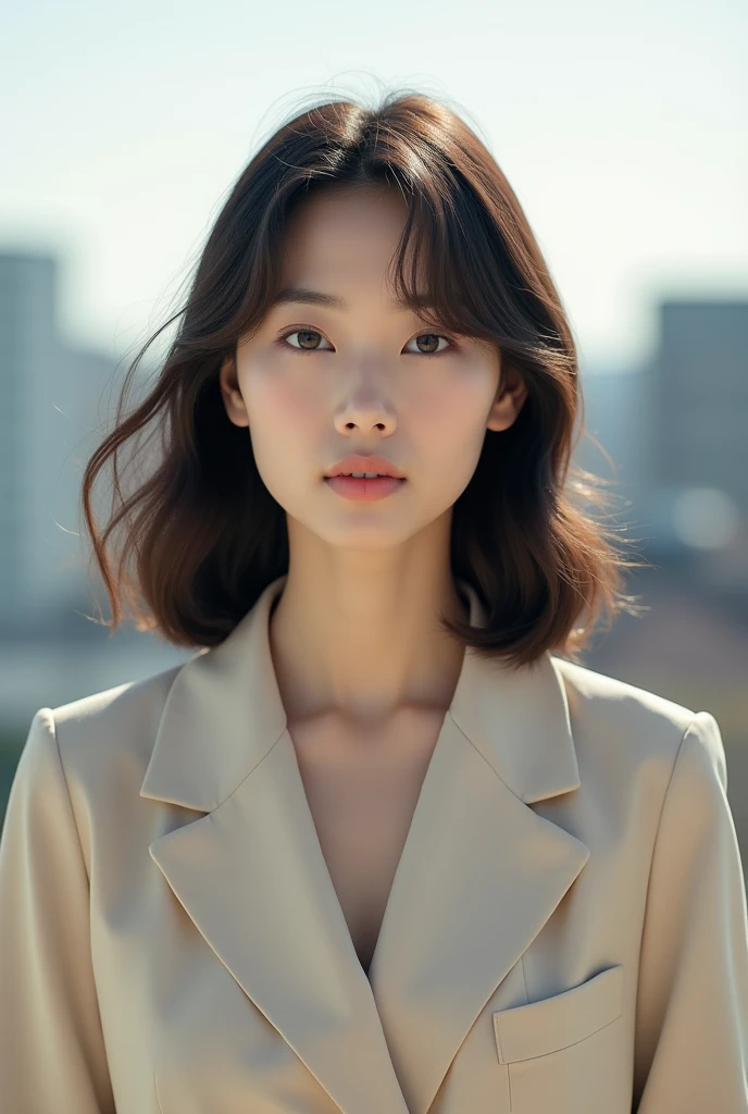 25-year-old Japanese woman with medium-length hair in beige tones, large black eyes, wide-set eyes, swept-back bangs, facing forward, giving off a sophisticated impression, small face, sharp face line. The background is an outdoor rooftop with natural bright light. Small nose and thin lips.