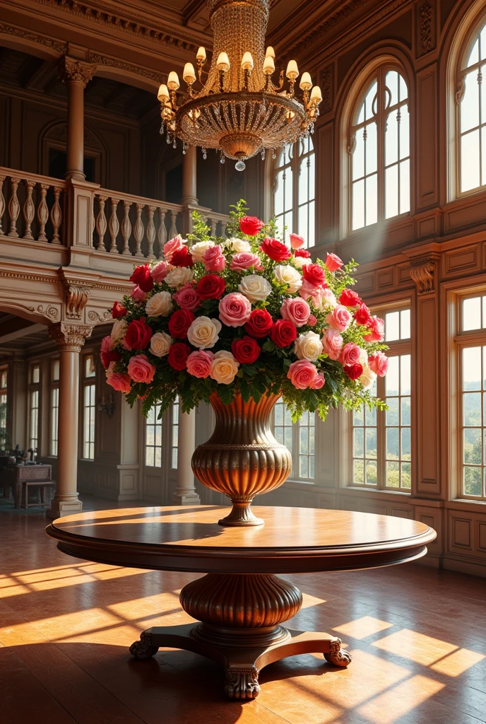 A beautiful Western-style mansion. Inside the room, light pours in from the window. A large, impressive table stands in the center. On the table, a magnificent, large vase holds an abundance of roses.