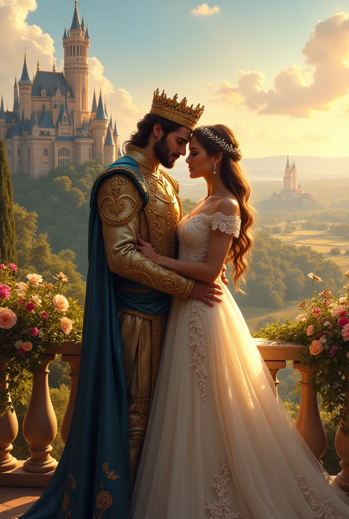 An handsome king holding his beautiful queen in his kingdom