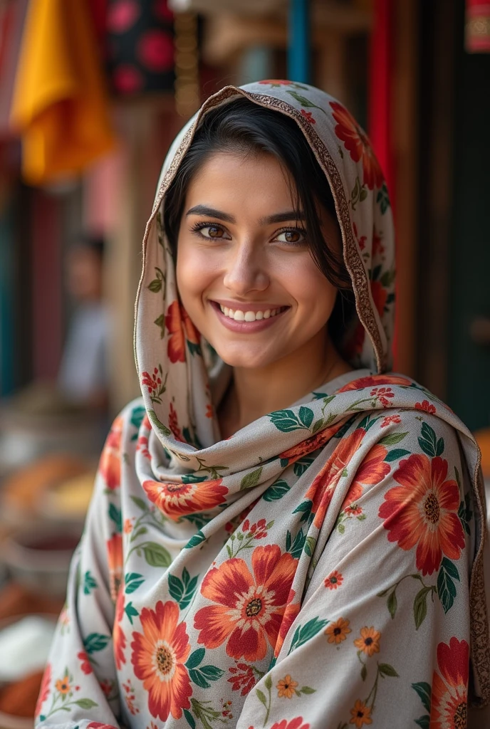 Pakistani
A women in hijab
With beautiful smile on face
Dimple on right cheek
Soft features
Hazel Brown eyes
Seems like original