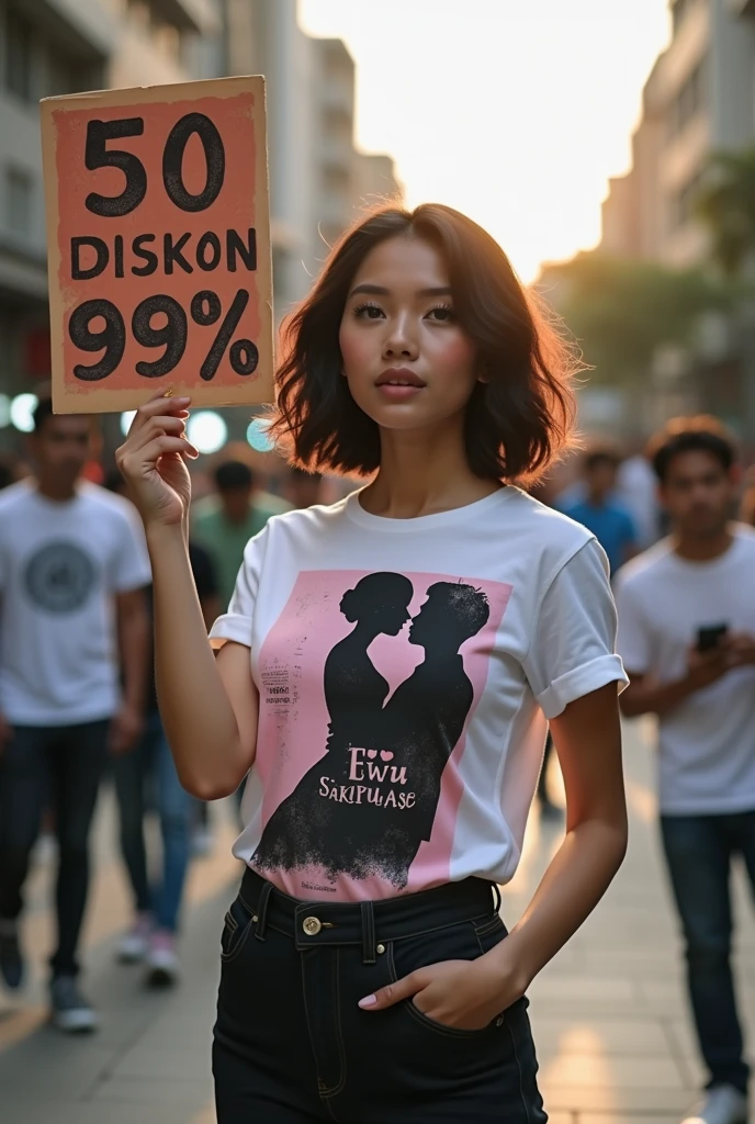 A beautiful Indonesian girl, wearing a t-shirt with a strong vector design featuring a silhouette image of a naked couple having sex in black colour. The sentence "50 EWU SAKPUASE" is displayed with bold and distressed typography pastel tone, holding a poster a sign that reads "(DISKON 99%)", short wavy hair, in a public place, surrounded by many men, large and sexy breasts, mitenight, with a shooting angle from the front, very realistic, (complex detail: 0. 9), (hdr, hyperdetail: 1.2), RAW, Sony Alpha a9 II, 24-105mm f/4, HDR,