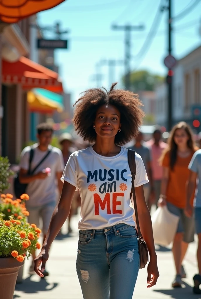 BLACK WOMAN WALKING ON IN THE LOCATION WEARING T SHIRT WRITTEN "MUSIC IN ME" ON A SUNNY DAY AROUND PEOPLE NEXT TO THE SUPERMARKET