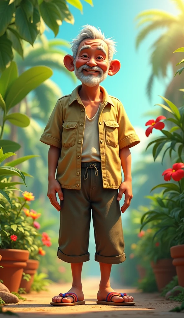 Uncle Tu is an elderly man, Lean with gray hair and tanned skin. He usually wears simple clothes like old shirts, Long pants and flip-flops. He has a gentle face, He often smiles and shows optimism through his actions. hình 3d 
