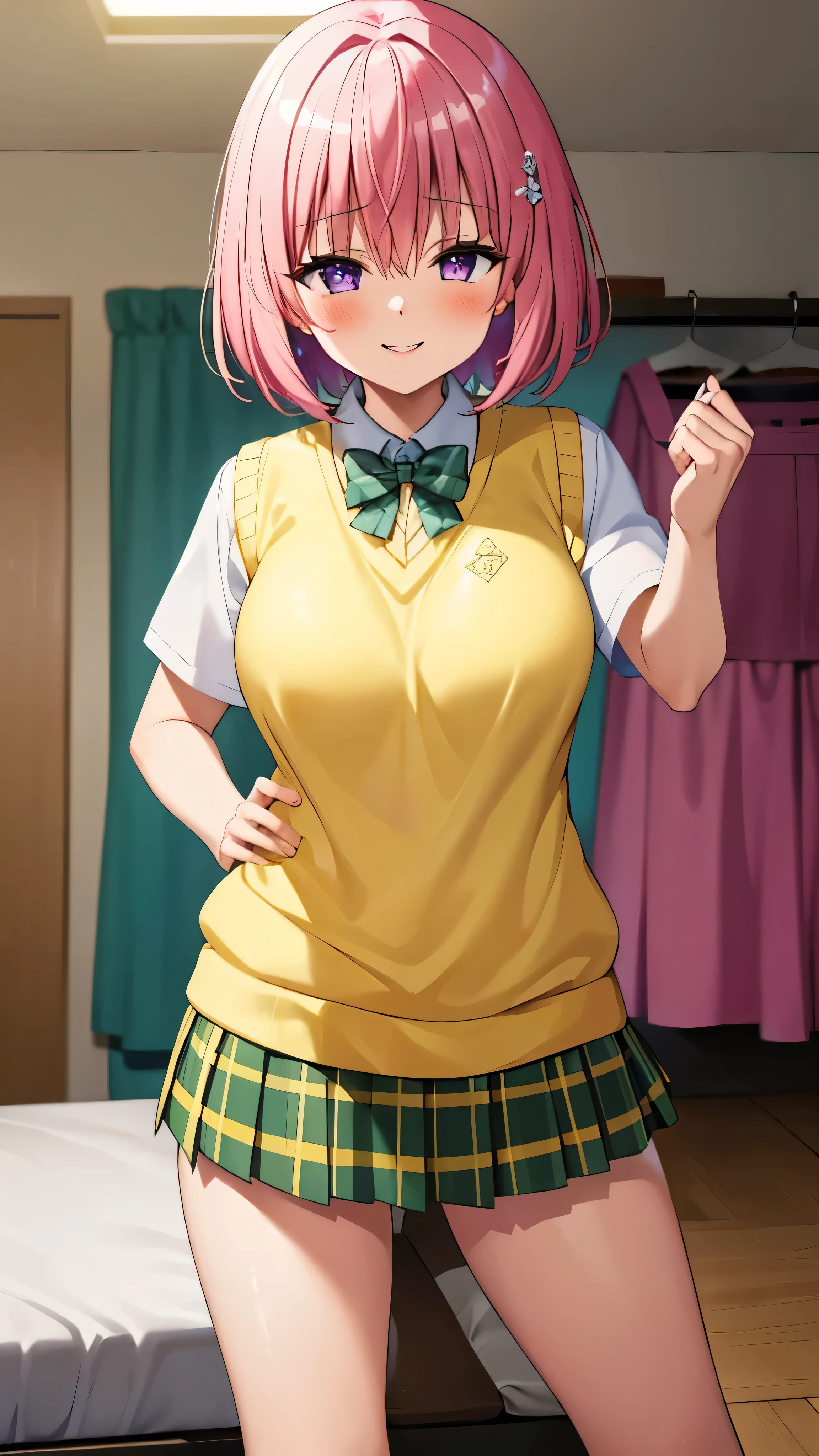8k,Highest,quality,(highest quality:1.1), (masterpiece:1.4), (Confused:1.0),
1 girl, Deviluke Type, hair ornaments, Bobcut, Short Hair Pink Hair, Purple eyes, Large Breasts, green skirt, Plaid, Plaid skirt, Sainan High School uniform, skirt, Sweater vest, Knee socks, (Yellow Sweater:1.5), Short sleeve,((In her room)), (blush:1.2), smile,(Perfect Fingers),mesugaki,