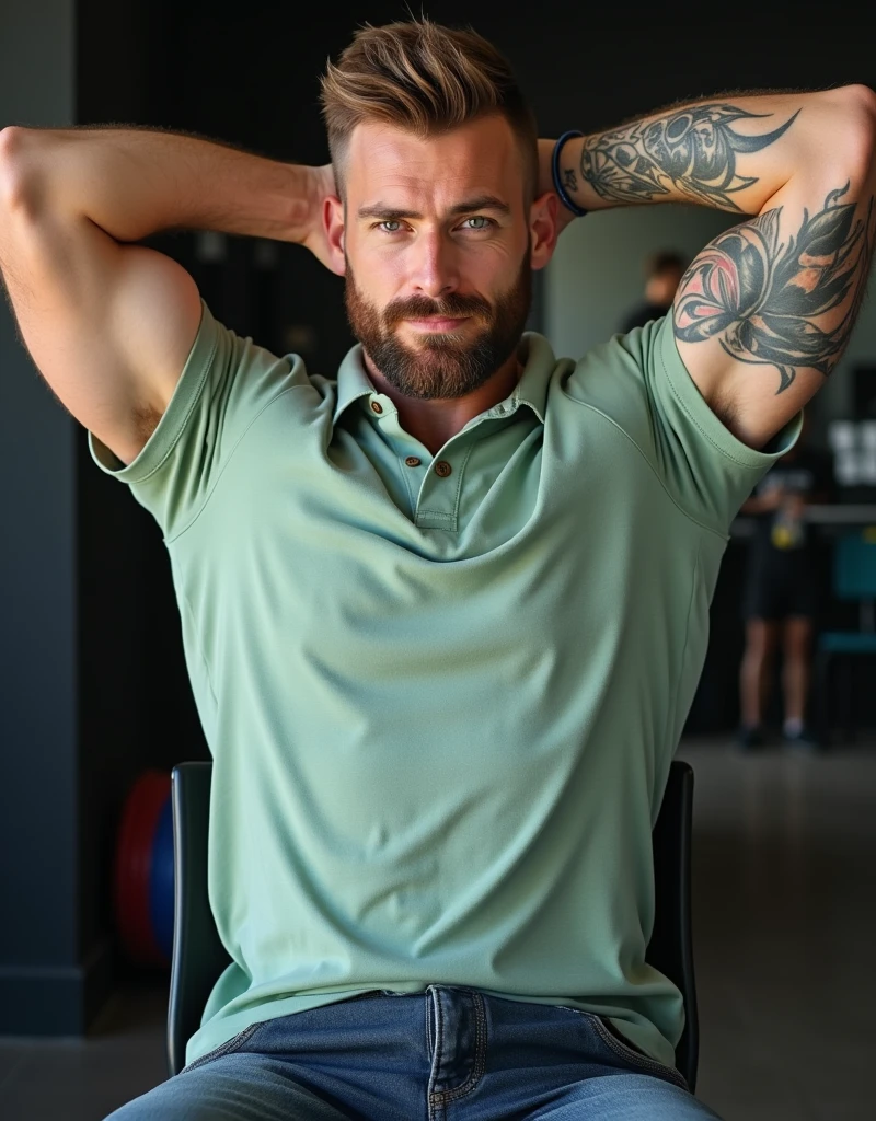 A confident man with short, light brown hair and a trimmed beard faces the camera directly, showcasing his muscular, bodybuilder-like physique. He sits with his arms raised behind his head, flexing his defined biceps and forearms, which are covered in intricate tattoos. He wears a tight-fitting light green polo shirt that highlights his strong, muscular upper body. His expression is calm and serious, with only a slight hint of a smile, giving off a composed and powerful presence. The image is highly detailed and polished, emphasizing his fitness dedication while maintaining the vibe of a content creator or Twitch streamer.